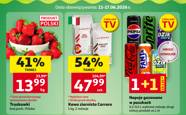 Truskawki, kawa Carraro i napoje gazowane w puszkach