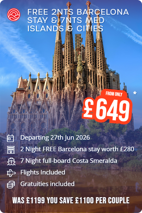 Free 2nts Barcelona Stay & 7nts Med Islands & Cities – Smart Holiday promotional image. From £649 Includes: Departing 27th Jun 2026, 2 Night FREE Barcelona stay worth £280, 7 Night full-board Costa Smeralda, Flights Included, Gratuities included. WAS £1199 YOU SAVE £1100 PER COUPLE
