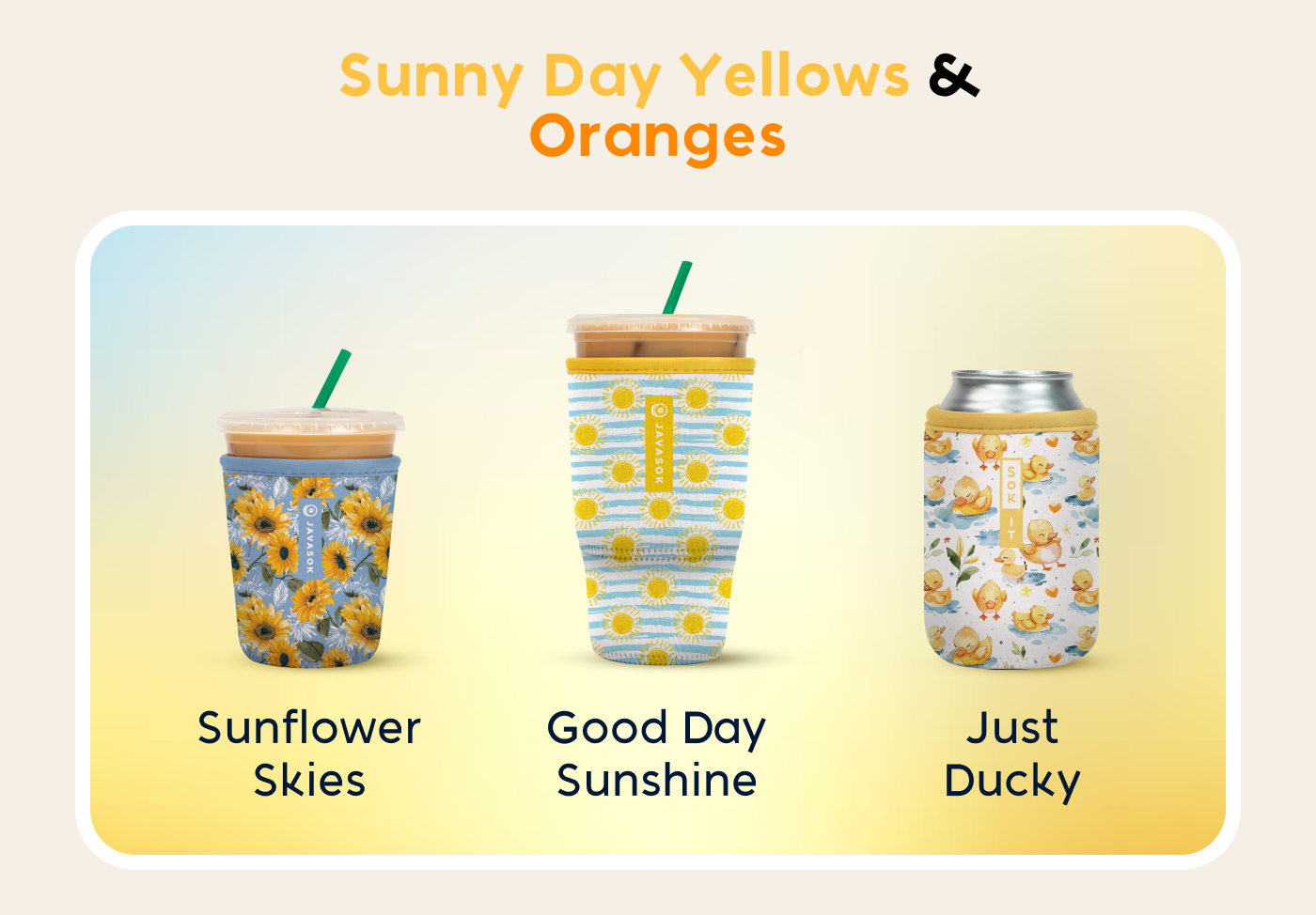 Yellow and orange-themed Soks drink sleeves and can sleeve with sunflower, sunshine, and duck patterns.