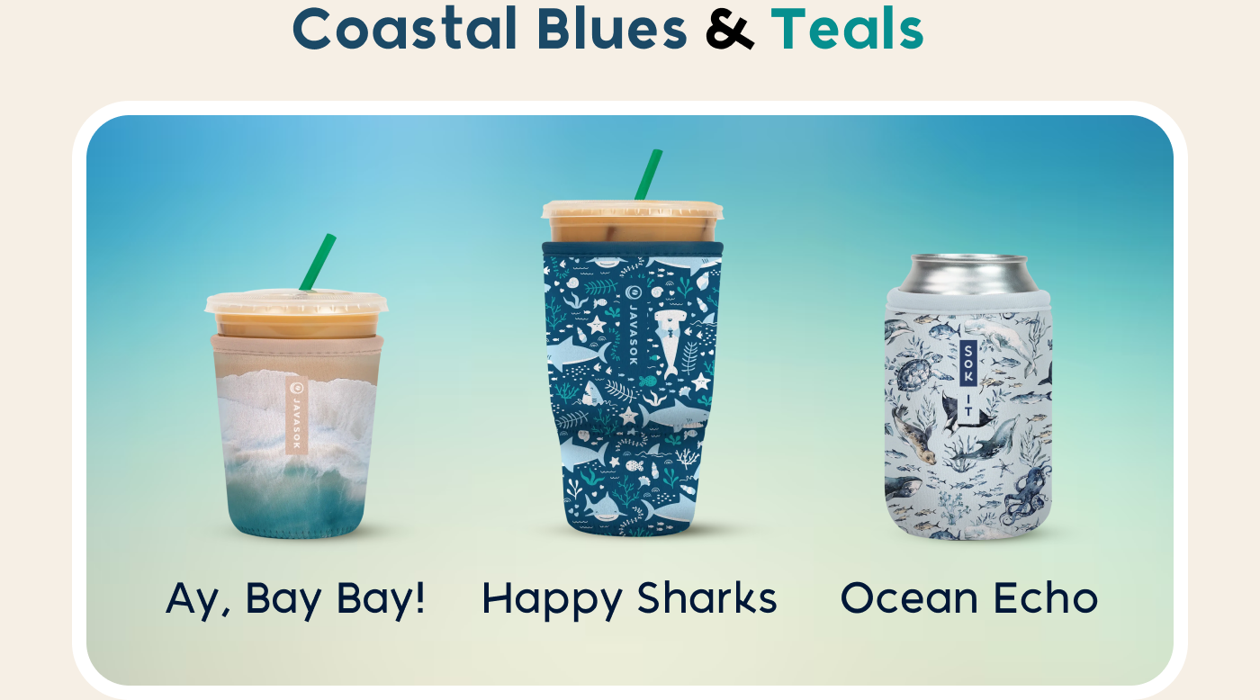 Blue and teal patterned Soks drink sleeves and can sleeve from the Coastal Blues & Teals collection.