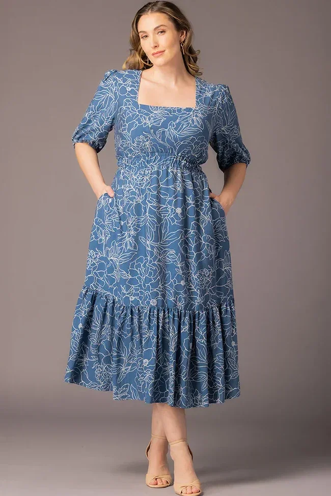 Image of Bailey Square Neck Maxi Dress  -Blue Floral Print -  Plus