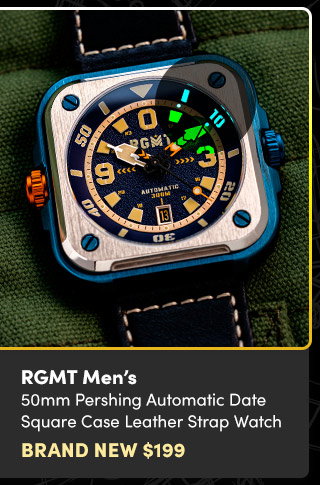 RG-8066 RGMT | Men's 50mm Pershing Automatic Date Square Case Leather Strap Watch - $199