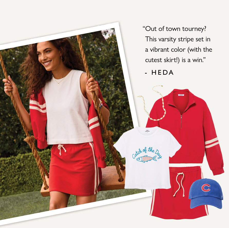 Out of town tourney? This varsity stripe set in a vibrant color (with the cutest skirt!) is a win. -Heda. Image of model and cutouts of themebox looks.