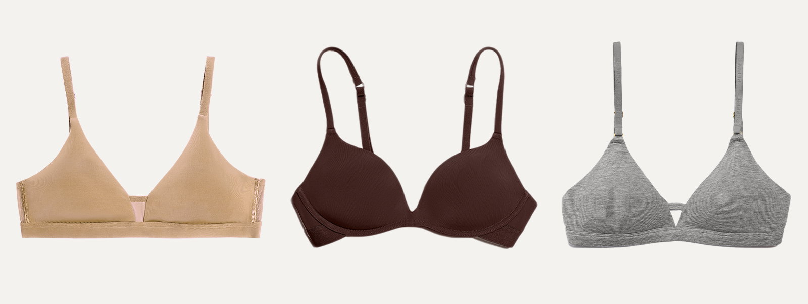 Left: Limitless Wirefree Scoop Bra, Center: Zero-G Wirefree Lift Up Bra, Right: Supima® Cotton Wirefree Bra