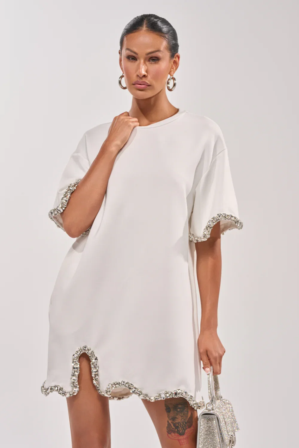 Image of COOL GIRL EMBELLISHED TEE SHIRT DRESS IN WHITE