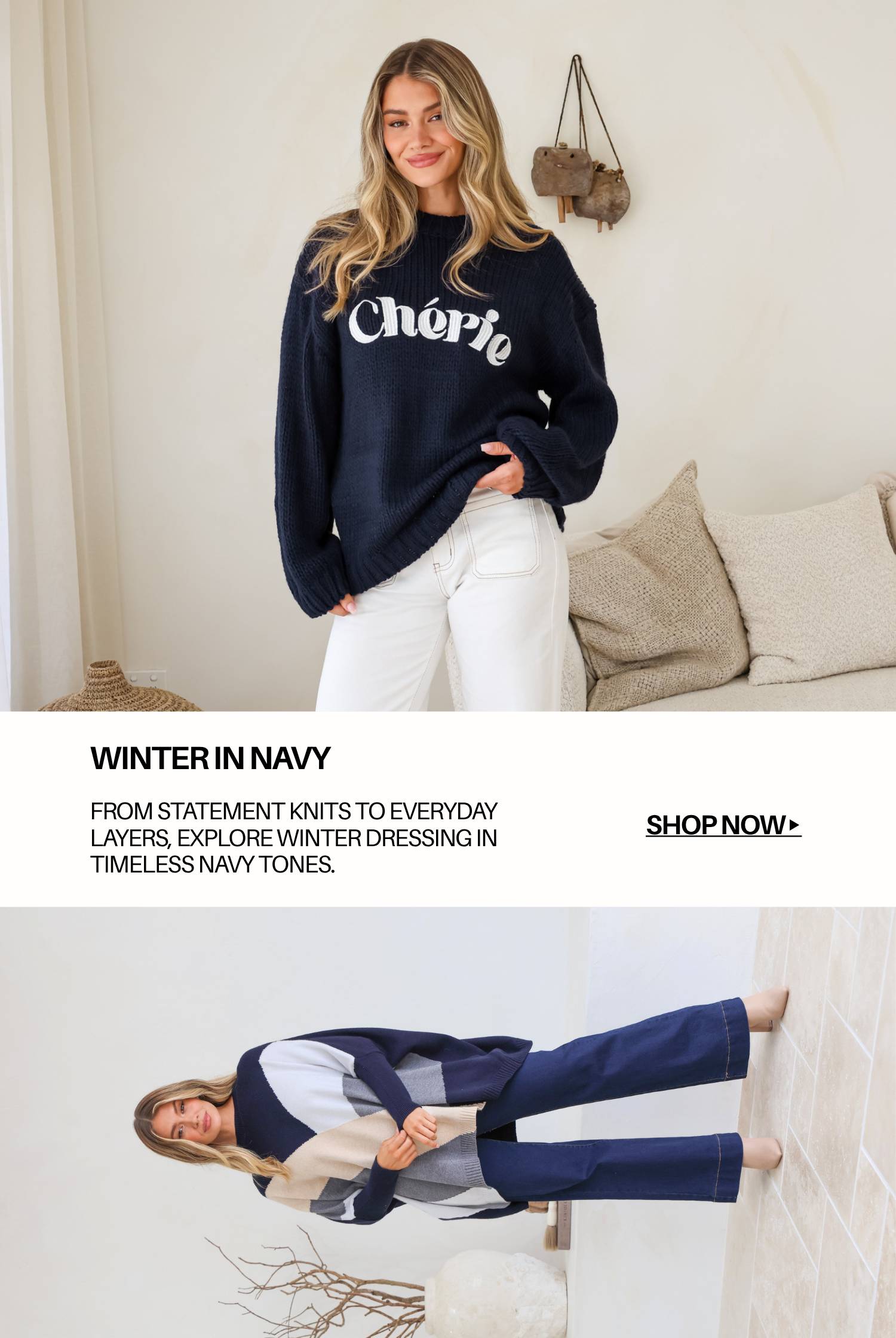 A medium shot shows a woman wearing a navy sweater with 'Chérie' in white lettering and white pants, standing in a room with light-colored walls and p...
