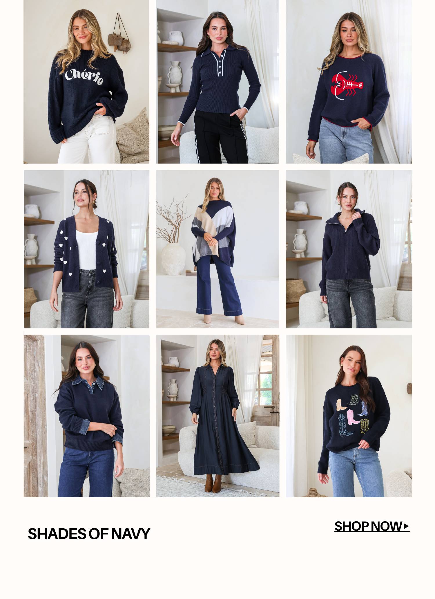 A grid of nine images showcasing women wearing navy blue clothing, with text overlay reading 'SHADES OF NAVY' and 'SHOP NOW►'.