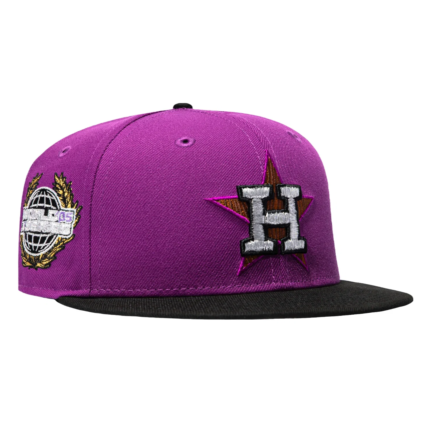 Image of New Era 59Fifty Houston Astros 2005 World Series Patch Woodgrain Hat - Purple, Black