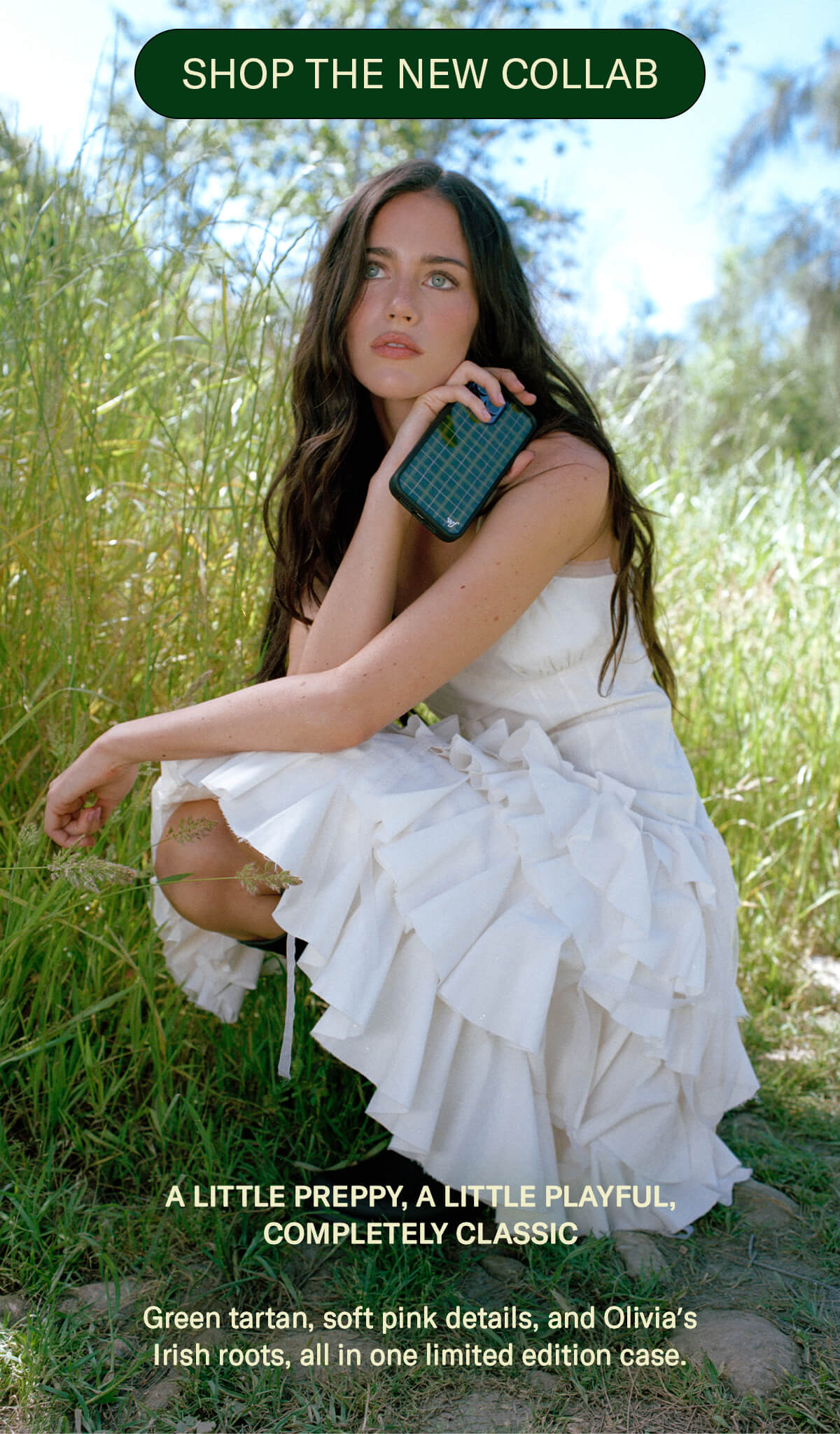 A little preppy, a little playful, completely classic Green tartan, soft pink details, and Olivia’s Irish roots, all in one limited edition case. [SHOP THE NEW COLLAB]