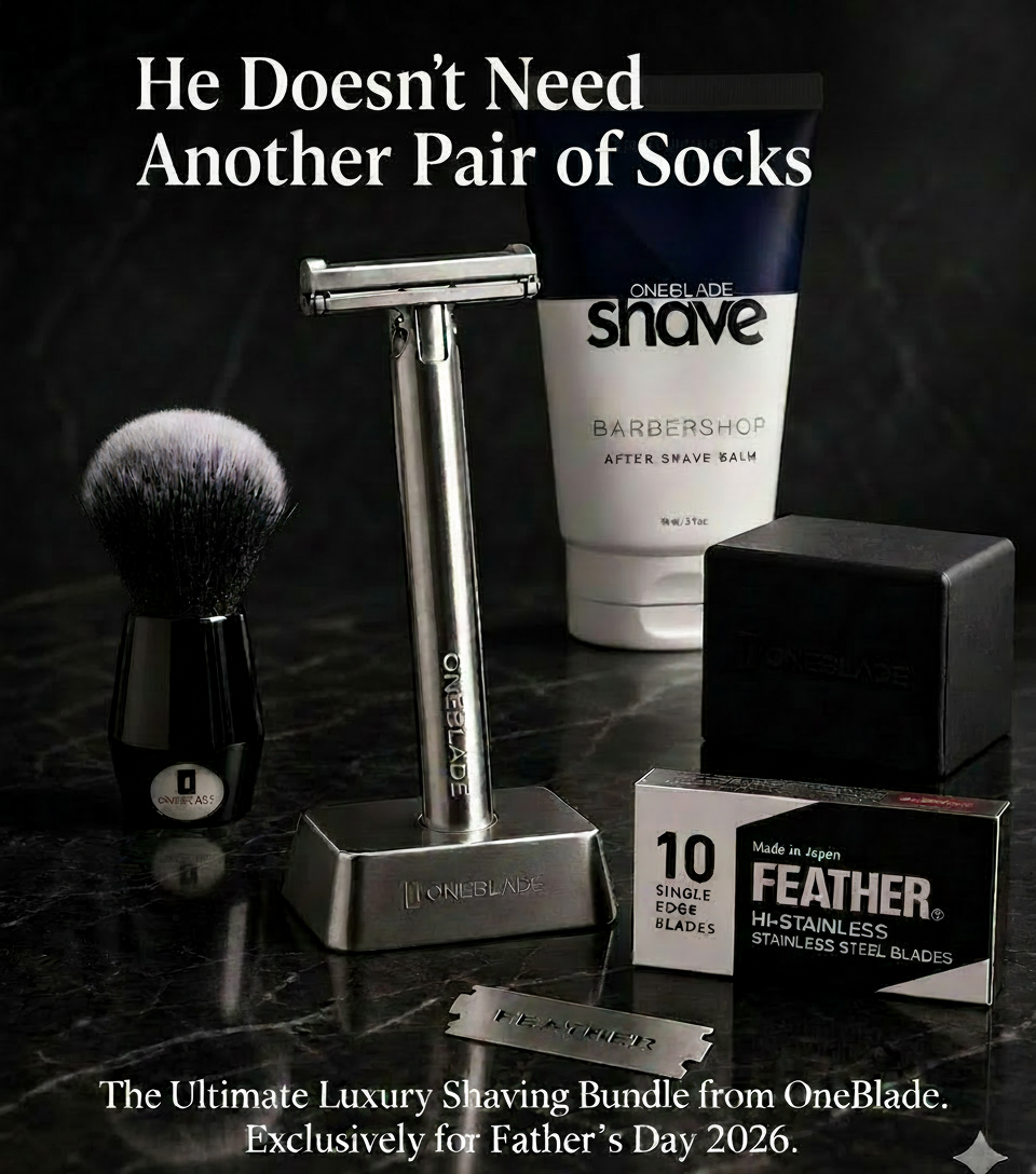 A luxury shaving kit from OneBlade, featuring a razor, brush, balm, and blades.