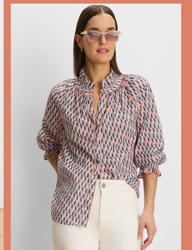 The lady wearing the Sideways Cotton Crinkle Shirt.