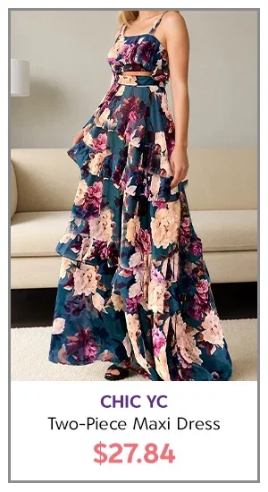 Chic YC Women's Floral Print Two-Piece Maxi Dress Summer Boho Ruffled Crop Top and Tiered Skirt Set