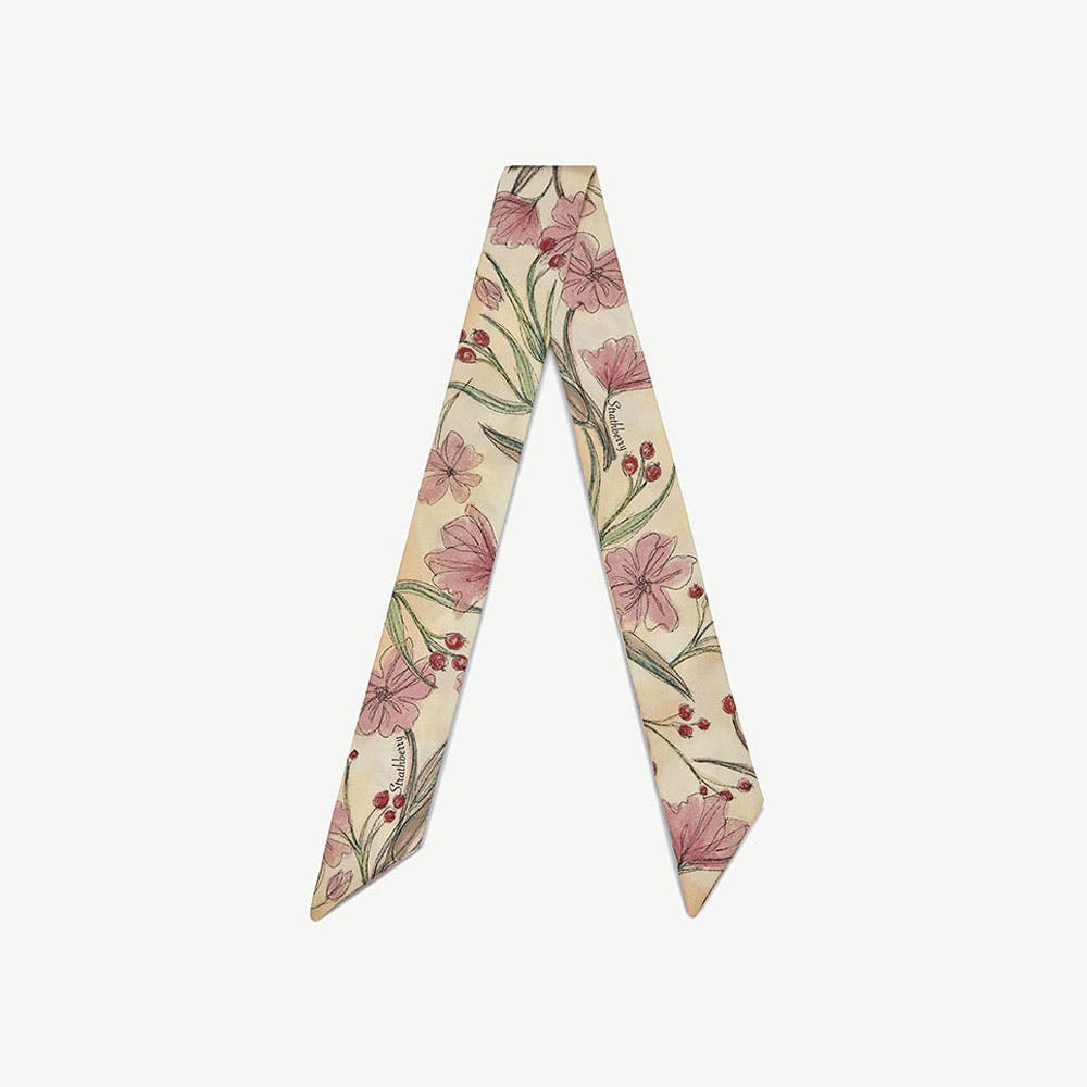 Image of Silk Skinny Scarf - Butter Yellow Berry Flower