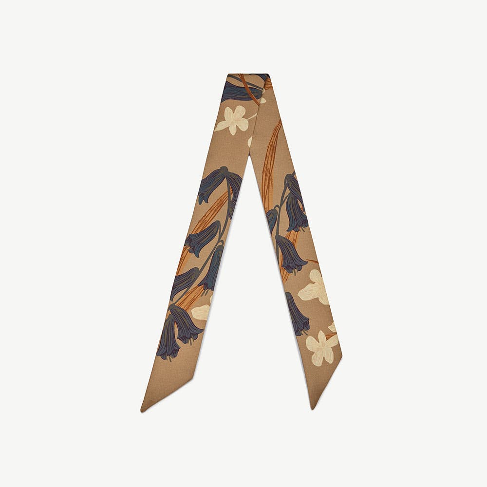 Image of Silk Skinny Scarf - Cognac/Butter Bluebell Floral