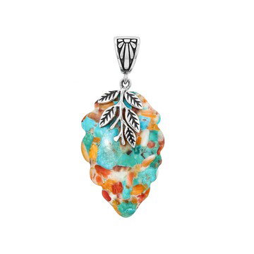 Blended Blue Turquoise & Orange Spiny Oyster Shell Silver Leaf Enhancer Pendant