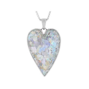 32x22mm Roman Glass Sterling Silver Elongated Heart Pendant With 18\" Box Chain