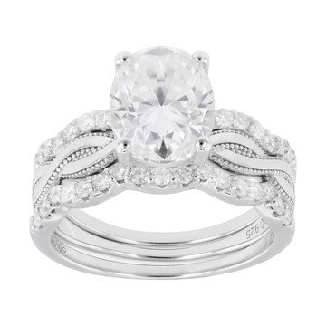 Moissanite Oval and Round Platineve Ring With Two Bands 3.68ctw DEW