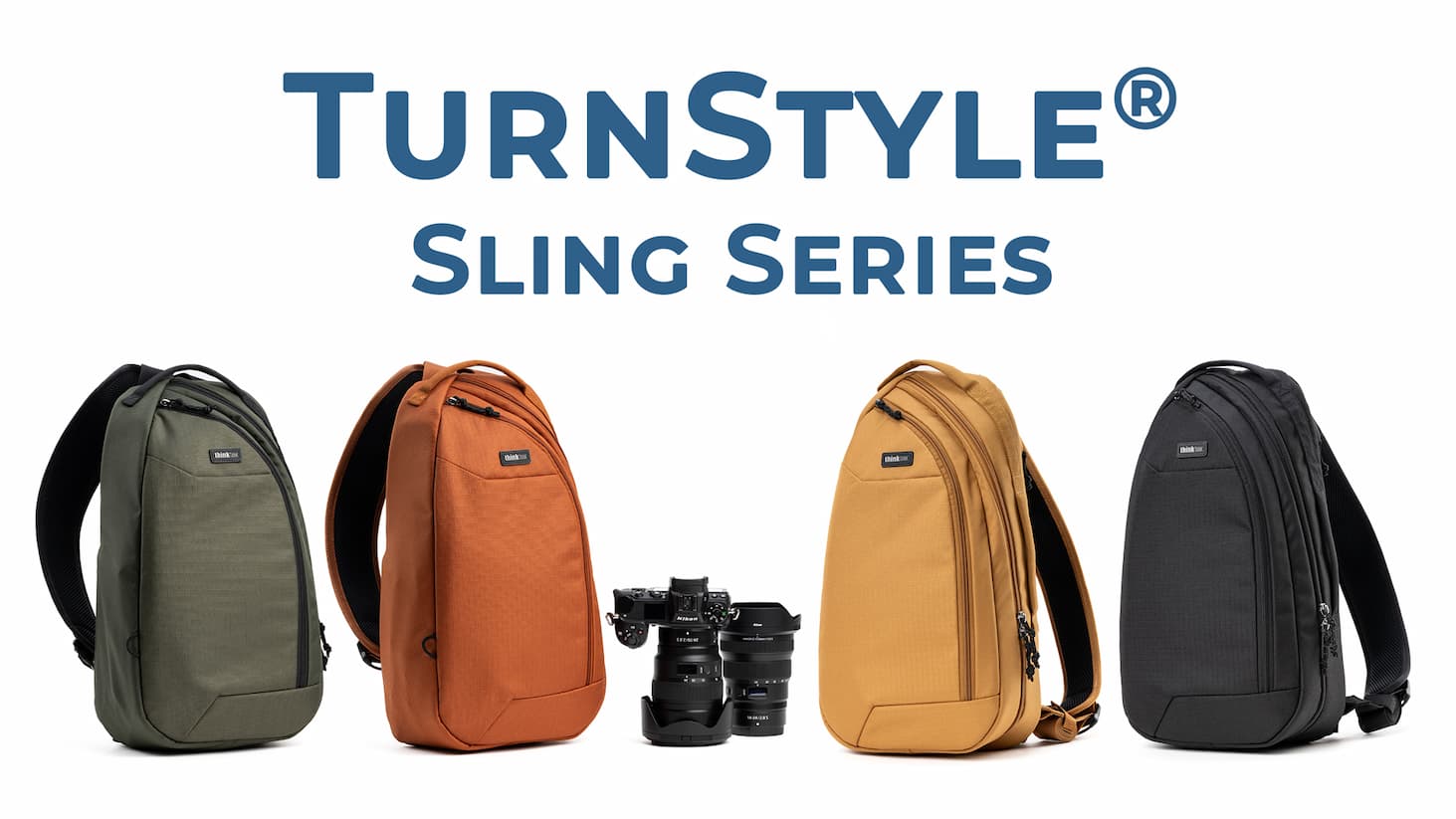 Image of Think Tank TurnStyle Sling Series camera bags shown in four colorways: Greenway, Urban Rust, Golden Hour, and Asphalt Black.