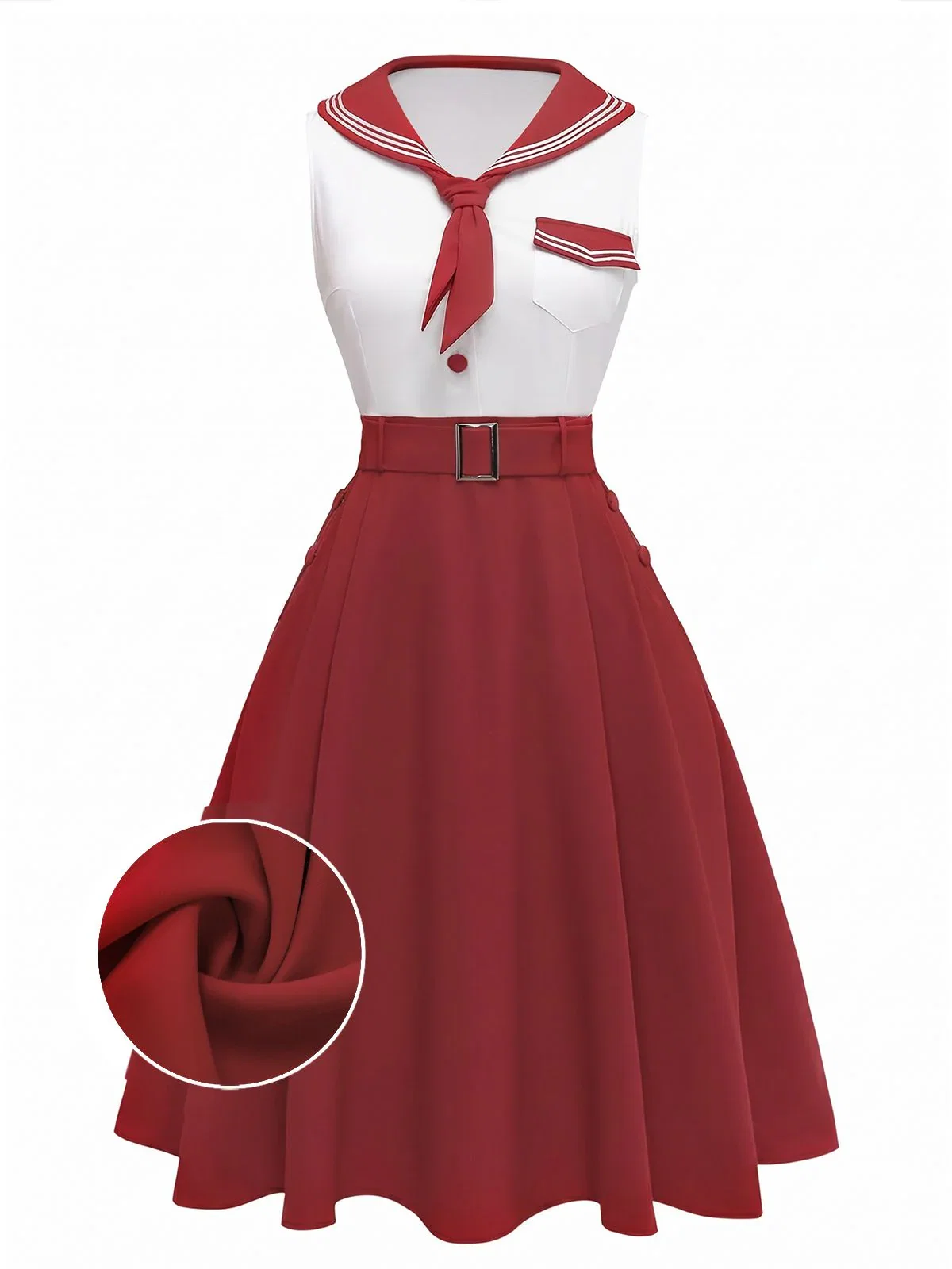 [Pre-Sale] Red 1950s Sailor Collar Belted Sleeveless A-Line Dress