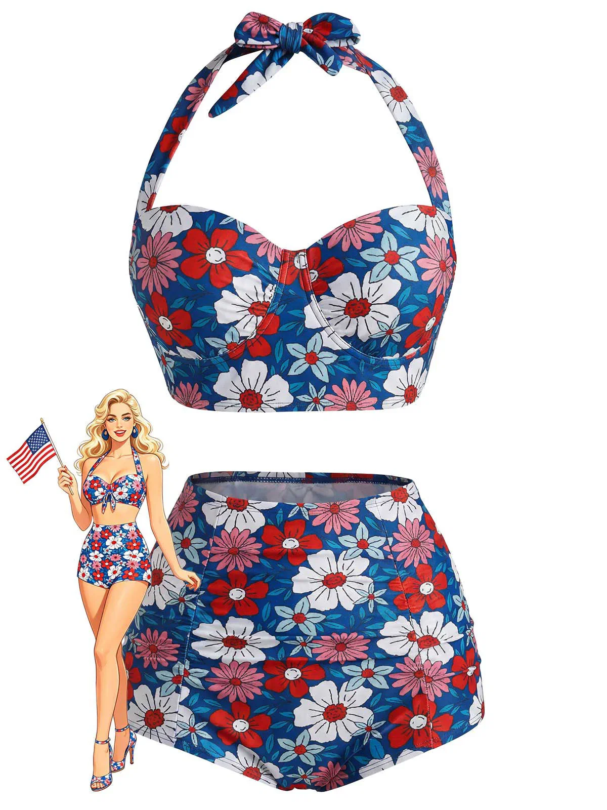 [Pre-Sale] Red & Blue & White 1950s Floral Halter Bikini Set