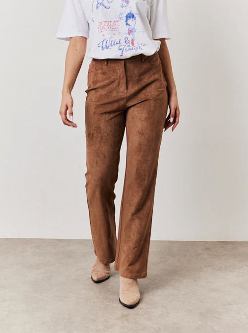 Tan Faux Suede Straight Leg Trouser