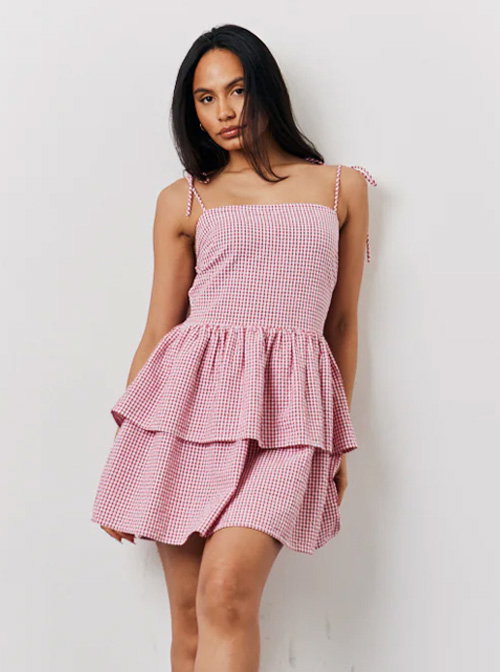 Red Seersucker Gingham Shirred Mini Dress