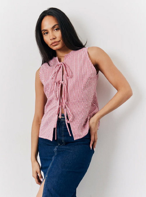 Red Seersucker Gingham Tie Front Top