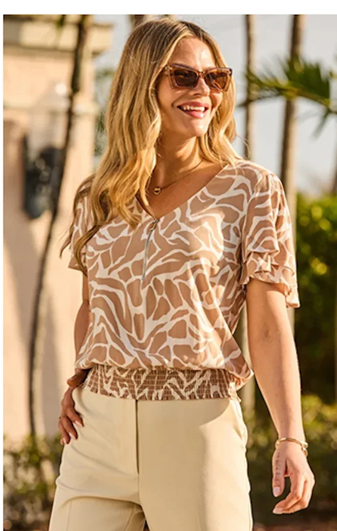 Neutral Morocco Print Shirred Hem Top