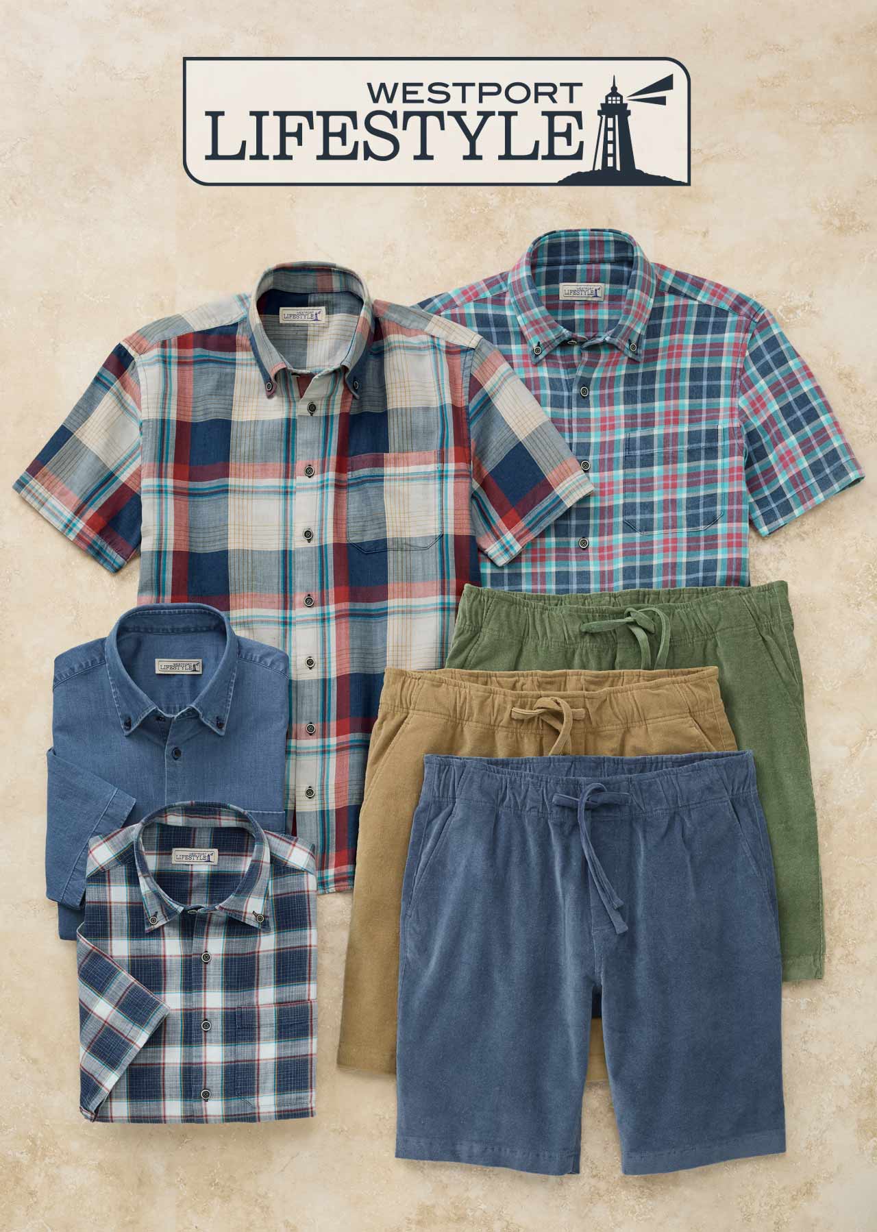 Westport Lifestyle logo above a flat lay of four plaid short-sleeve sport shirts in multicolor, blue, and dark plaid, alongside three drawstring shorts in green, tan, and blue