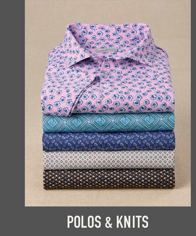 Stack of five folded Westport Lifestyle printed polo shirts in pink floral, teal geometric, navy pattern, gray diamond, and dark brown floral print, with Polos & Knits label