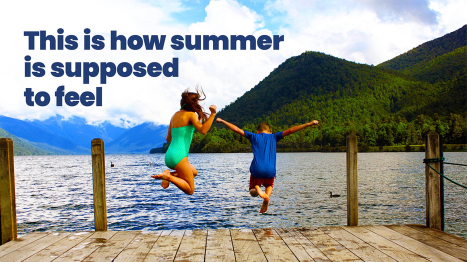 This is how summer is supposed to feel. Two kids jumping off a deck into a lake.  