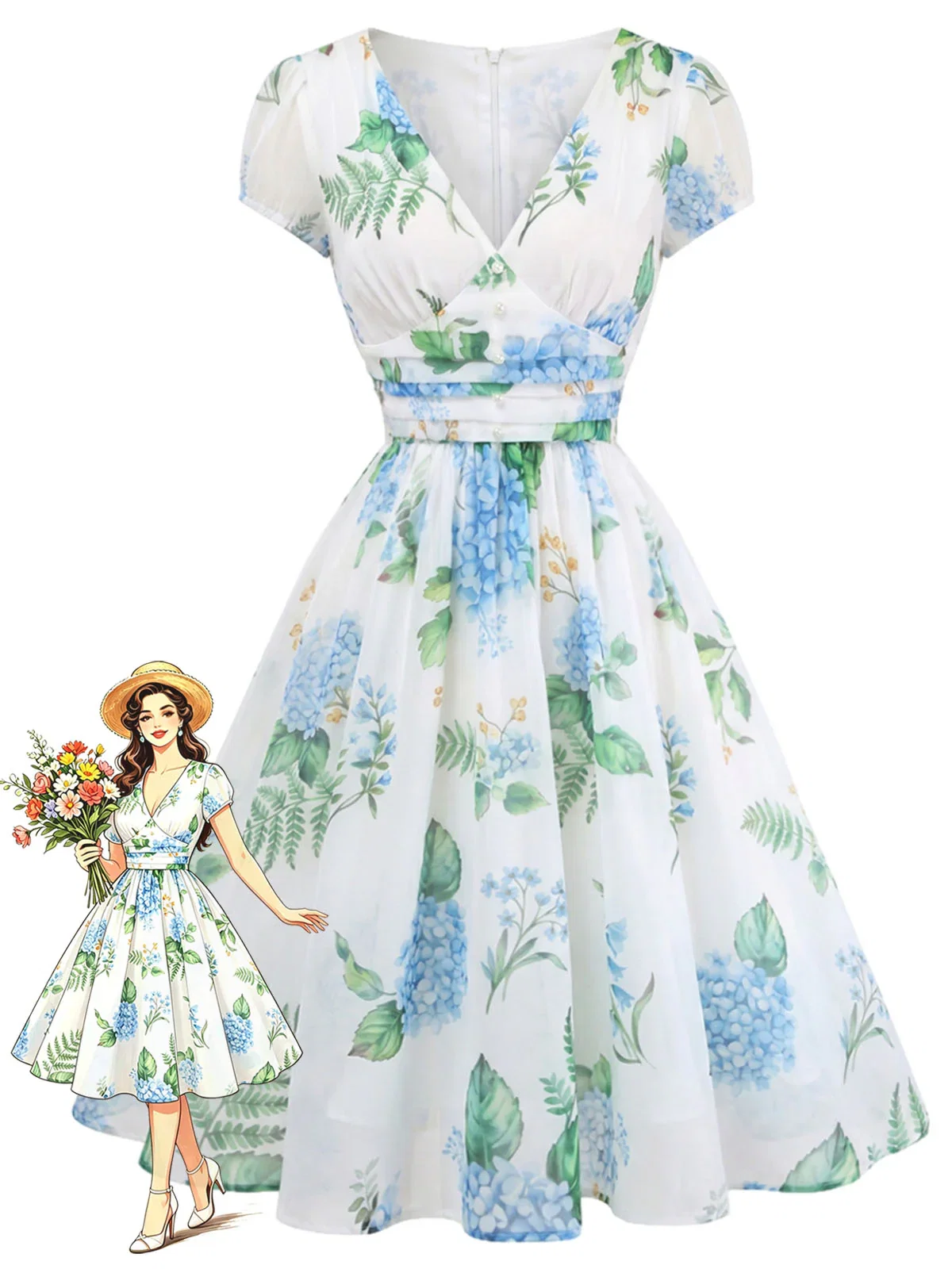 [Pre-Sale] Blue 1950s Floral Print V-Neck Swing Dress