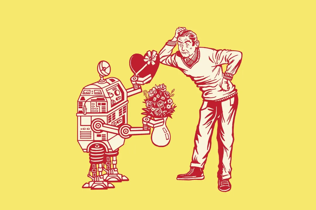 An illustration of a person receiving flowers from a robot.