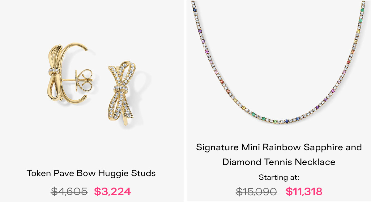 pave bow huggies and rainbow tennis necklace