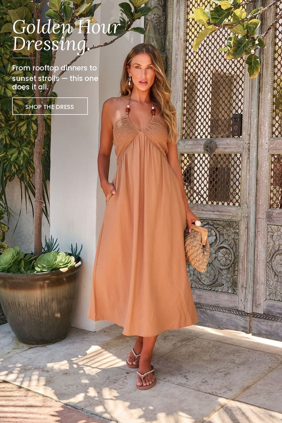Golden hour dressing. From rooftop dinners to sunset strolls - this one does it all. Shop the dress.