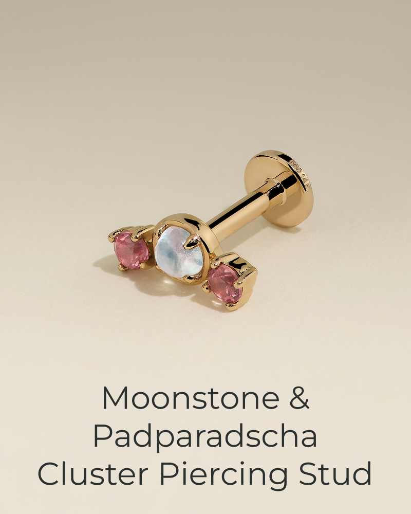 Moonstone & Padparadscha Cluster Piercing Stud in Solid Gold