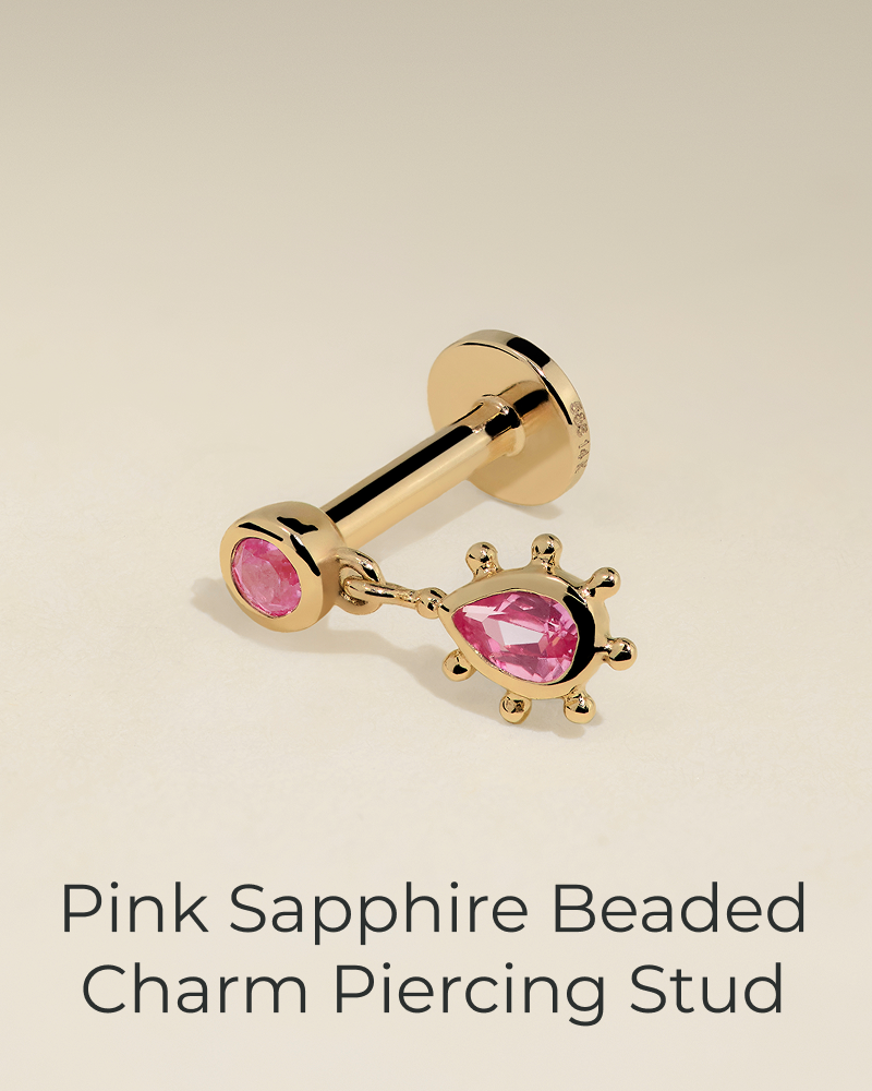 Pink Sapphire Beaded Charm Piercing Stud in Solid White Gold