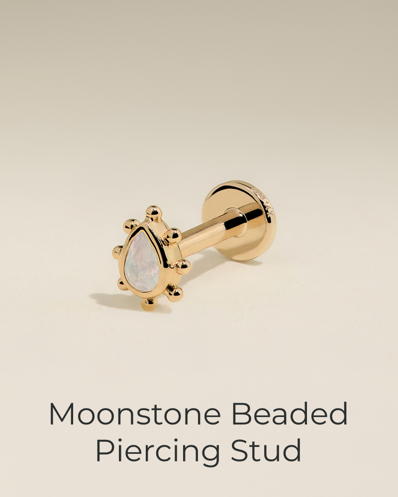 Moonstone Beaded Piercing Stud in Solid Gold