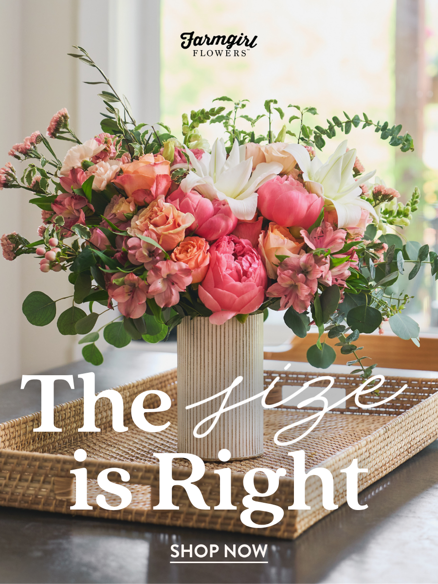 Farmgirl Flowers campaign image featuring a soft pink, blush, green, and white floral arrangement in a cream vase on a wooden table. White text reads “Counter Offer,” with the Farmgirl Flowers logo near the top.