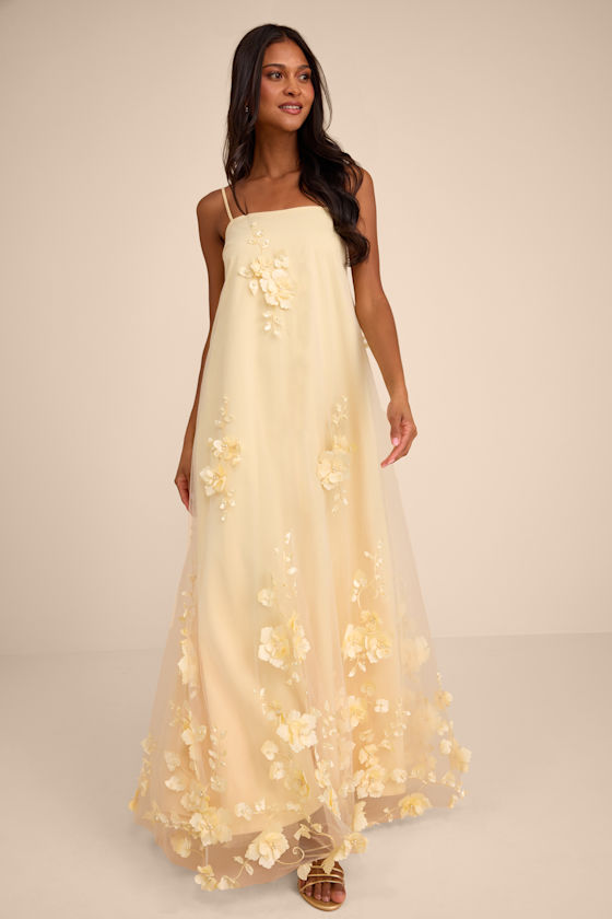 Image of Allie Light Yellow Floral Applique Shift Maxi Dress