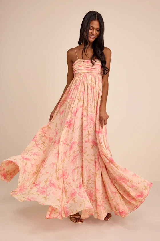 Image of Dansa Blush Multi Floral Pleated Maxi Dress