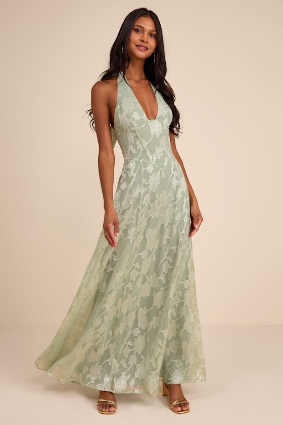 Image of Maira Sage Floral Burnout Halter Maxi Dress