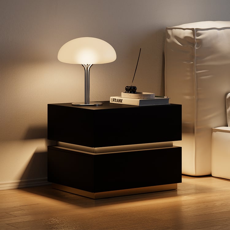 Lumio Wood 2-Drawer Black Nightstand with LED Light & Charging Station