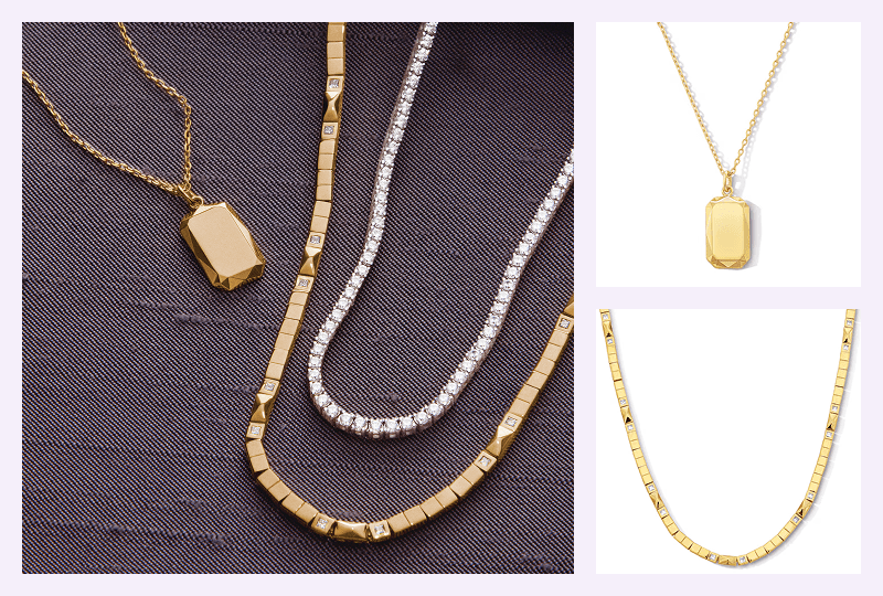 Gold signet pendant necklace, tennis chain & crystal-stud gold block chain, alongside product shots.