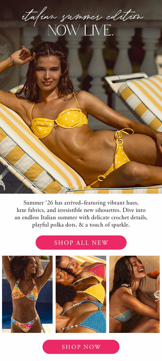 Italian Summer Edition now live. Yellow polka dot bikini and bright colored bikinis. 