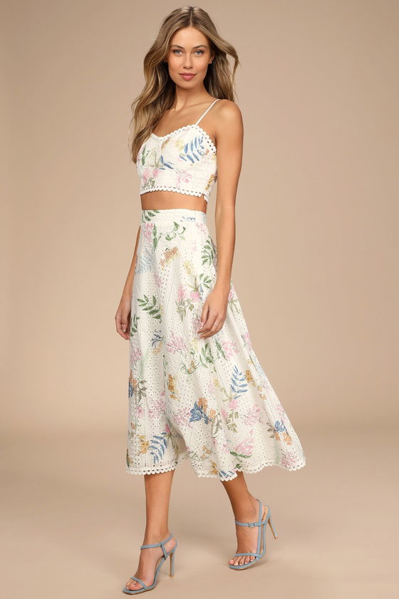 Image of Sweet At Heart White Floral Embroidered Two Piece Midi Dress
