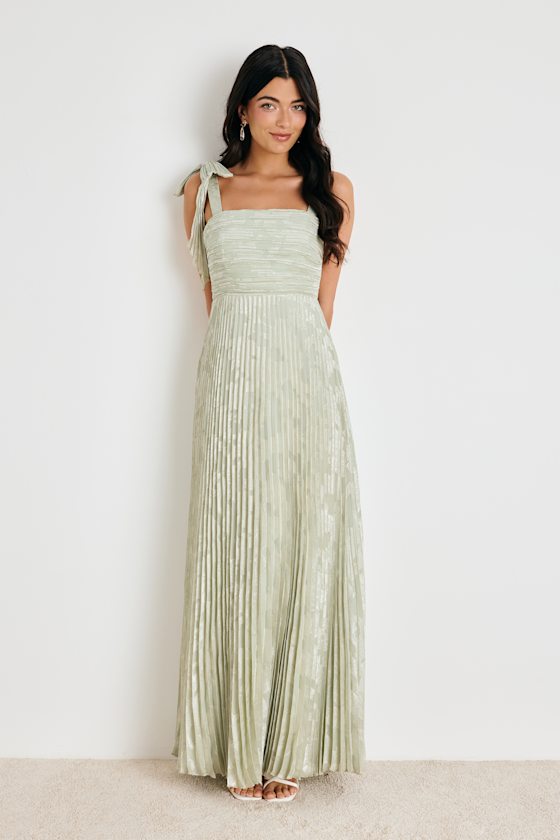 Image of Cahlia Sage Floral Burnout Pleated Maxi Dress