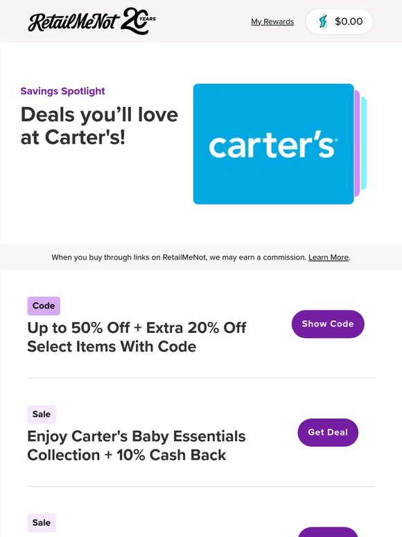 🧸 Carter's: Up to 50% Off + 10% Cash Back & More!