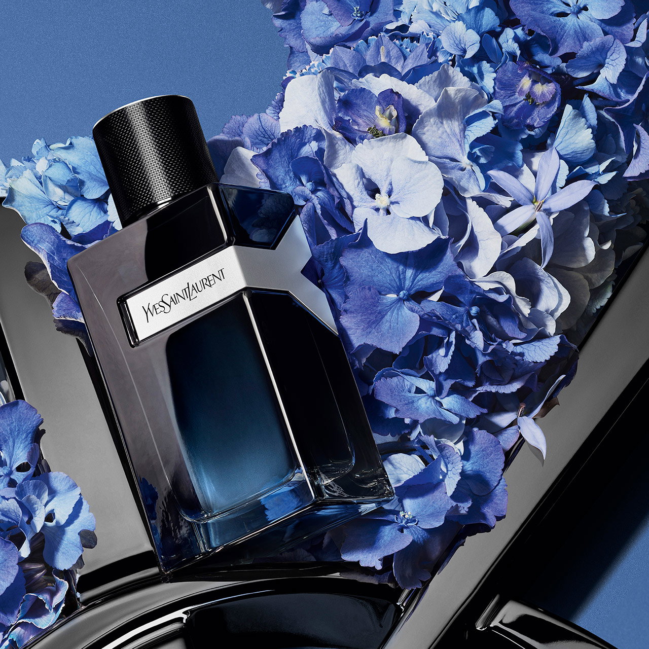 YSL Y perfume bottle amidst blue hydrangeas on a black surface.