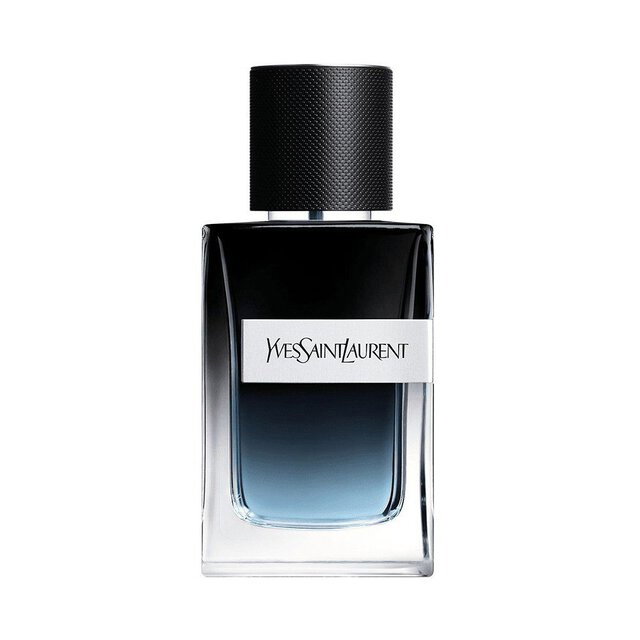 A bottle of Yves Saint Laurent Y Eau de Parfum with a black and blue gradient design and a textured black cap.